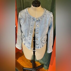 Collarless denim jacket from the Gap